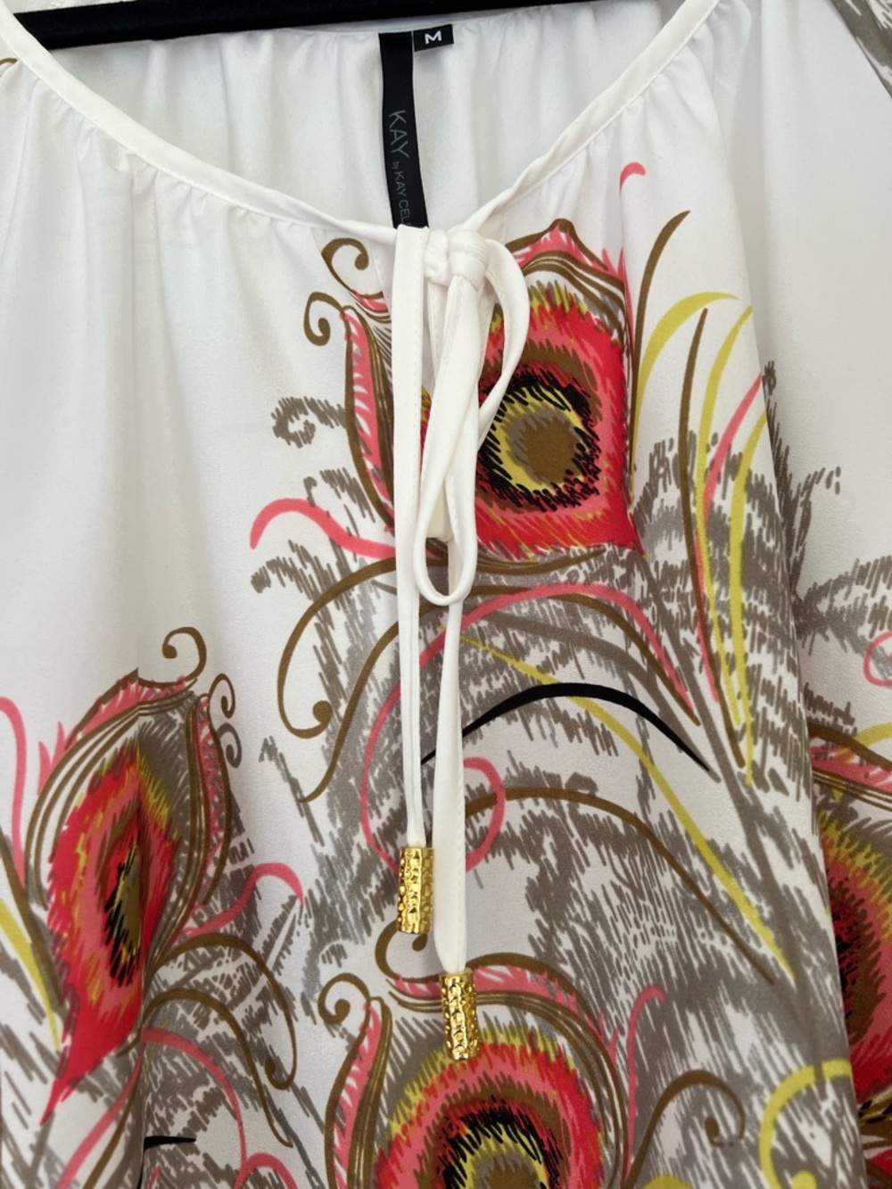 Women's White Peasant Blouse with Multicolor Feather Print - Picture 4 of 7